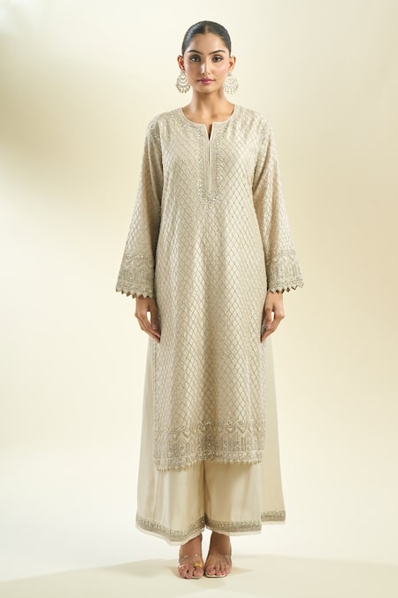 Shop_Anushree Reddy_Ivory Sequins, Beads, Embroidery Open Neck Floral Kurta Pant Set _Online_at_Aza_Fashions