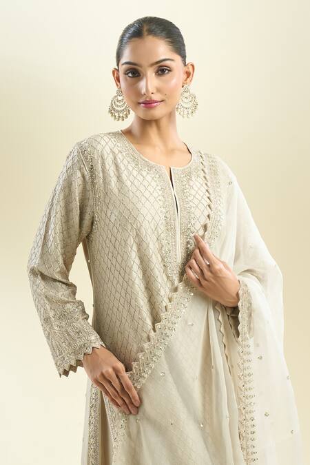 Buy_Anushree Reddy_Ivory Sequins, Beads, Embroidery Open Neck Floral Kurta Pant Set 