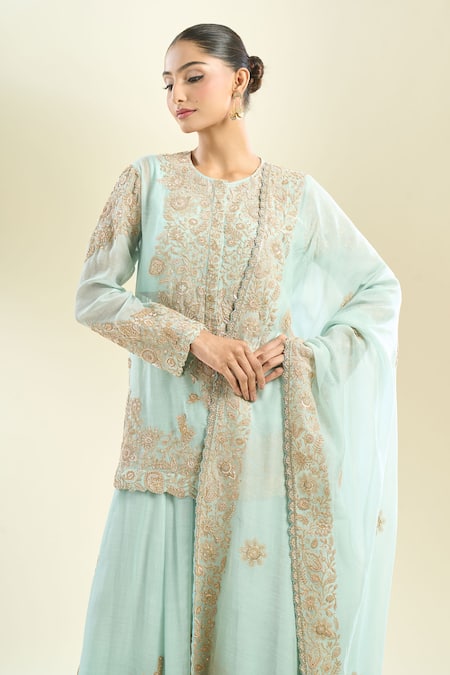 Anamika Khanna_Mint Zari Round Neck Zardozi Embroidered Kurta Sharara Set _Online_at_Aza_Fashions
