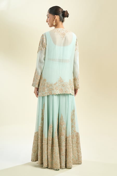 Shop_Anamika Khanna_Mint Zari Round Neck Zardozi Embroidered Kurta Sharara Set _at_Aza_Fashions