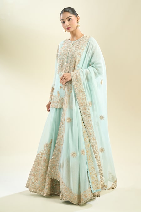Buy_Anamika Khanna_Mint Zari Round Neck Zardozi Embroidered Kurta Sharara Set _Online_at_Aza_Fashions