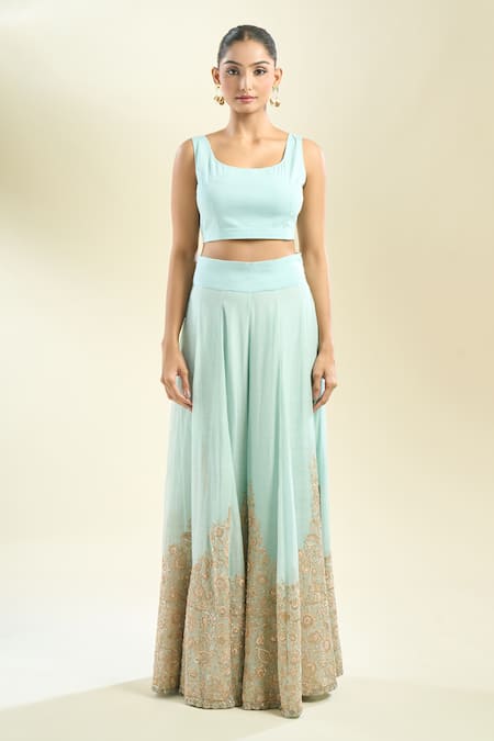 Anamika Khanna_Mint Zari Round Neck Zardozi Embroidered Kurta Sharara Set _at_Aza_Fashions