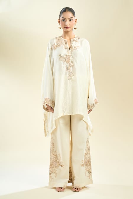 Anamika Khanna_Ivory Cotton Embroidery Mandarin Collar Kaftan Kurta And Palazzo Set _Online_at_Aza_Fashions