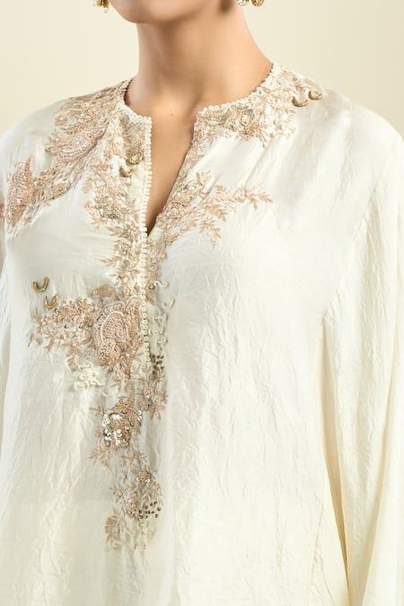 Buy_Anamika Khanna_Ivory Cotton Embroidery Mandarin Collar Kaftan Kurta And Palazzo Set _Online_at_Aza_Fashions