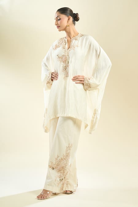 Shop_Anamika Khanna_Ivory Cotton Embroidery Mandarin Collar Kaftan Kurta And Palazzo Set _Online_at_Aza_Fashions