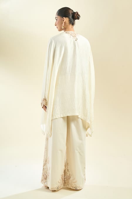 Shop_Anamika Khanna_Ivory Cotton Embroidery Mandarin Collar Kaftan Kurta And Palazzo Set _at_Aza_Fashions