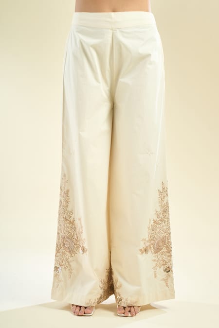 Anamika Khanna_Ivory Cotton Embroidery Mandarin Collar Kaftan Kurta And Palazzo Set _at_Aza_Fashions