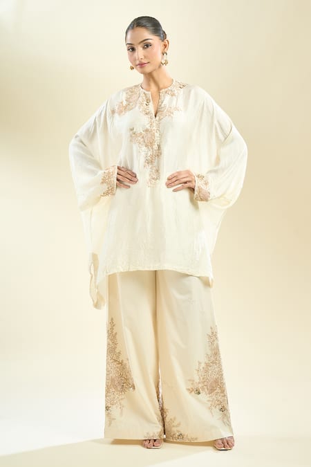Buy_Anamika Khanna_Ivory Cotton Embroidery Mandarin Collar Kaftan Kurta And Palazzo Set 