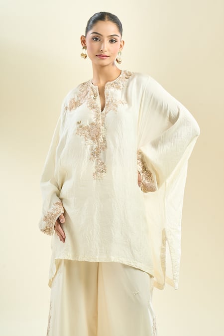 Shop_Anamika Khanna_Ivory Cotton Embroidery Mandarin Collar Kaftan Kurta And Palazzo Set 