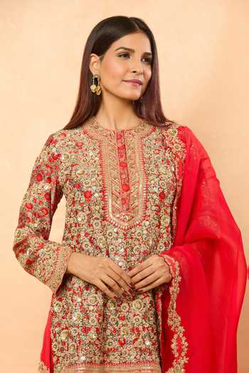 Debyani + CO_Red Embroidery, Zari, Sequins Round Neck Qawwali Kurta Set _Online_at_Aza_Fashions
