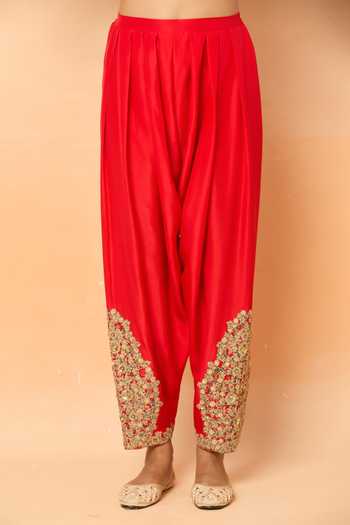 Buy_Debyani + CO_Red Embroidery, Zari, Sequins Round Neck Qawwali Kurta Set _Online_at_Aza_Fashions