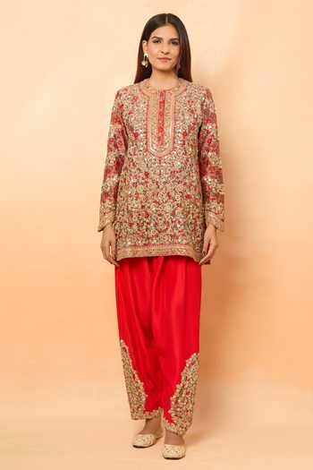 Debyani + CO_Red Embroidery, Zari, Sequins Round Neck Qawwali Kurta Set _at_Aza_Fashions