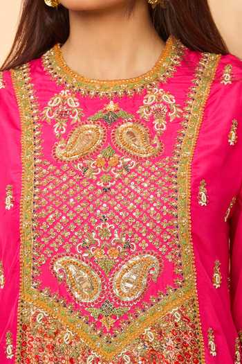 Buy_Debyani + CO_Pink Sequins, Gota Patti, Zari, Embroidery Round Kurta Set With Contrast Salwar _Online_at_Aza_Fashions