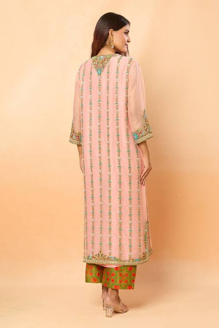 Shop_Debyani + CO_Pink Sequins, Zari, Embroidery Open Neck Thread Kurta Set _at_Aza_Fashions