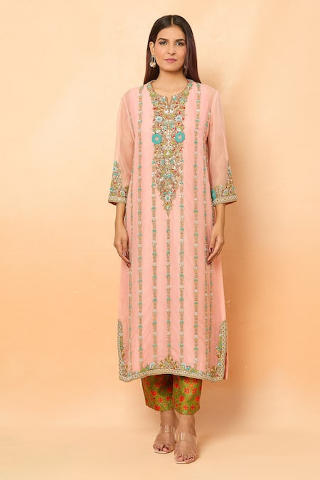 Shop_Debyani + CO_Pink Sequins, Zari, Embroidery Open Neck Thread Kurta Set _Online_at_Aza_Fashions