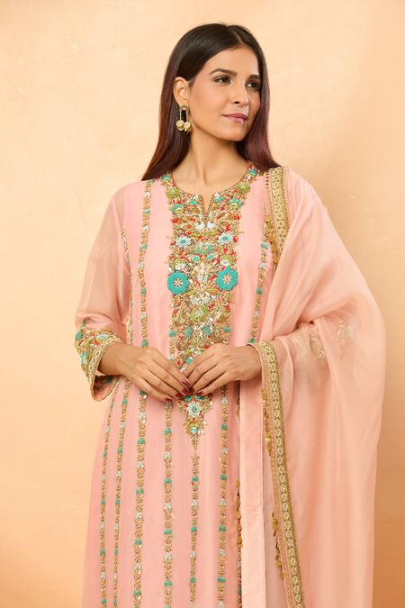 Debyani + CO_Pink Sequins, Zari, Embroidery Open Neck Thread Kurta Set _at_Aza_Fashions