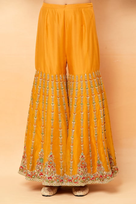 Debyani + CO_Yellow Sequins, Zari, Pearls, Embroidery Round Neck Thread Kurta Sharara Set _Online_at_Aza_Fashions