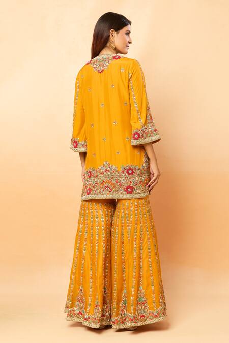 Shop_Debyani + CO_Yellow Sequins, Zari, Pearls, Embroidery Round Neck Thread Kurta Sharara Set _at_Aza_Fashions