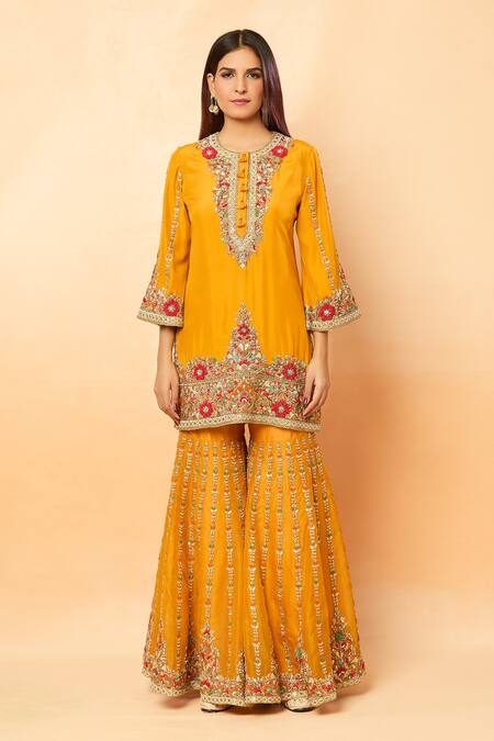 Buy_Debyani + CO_Yellow Sequins, Zari, Pearls, Embroidery Round Neck Thread Kurta Sharara Set _Online_at_Aza_Fashions