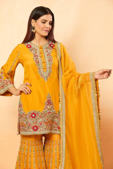 Shop_Debyani + CO_Yellow Sequins, Zari, Pearls, Embroidery Round Neck Thread Kurta Sharara Set _Online_at_Aza_Fashions