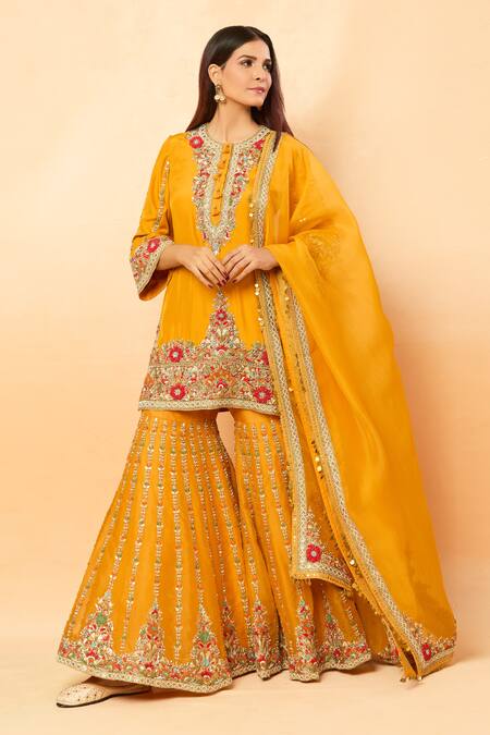 Debyani + CO_Yellow Sequins, Zari, Pearls, Embroidery Round Neck Thread Kurta Sharara Set _at_Aza_Fashions