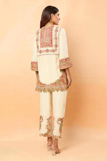 Shop_Debyani + CO_Ivory Gota Patti, Embroidery Open Neck Geometric Kurta Set _at_Aza_Fashions