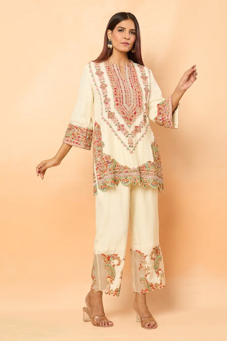 Debyani + CO_Ivory Gota Patti, Embroidery Open Neck Geometric Kurta Set _at_Aza_Fashions