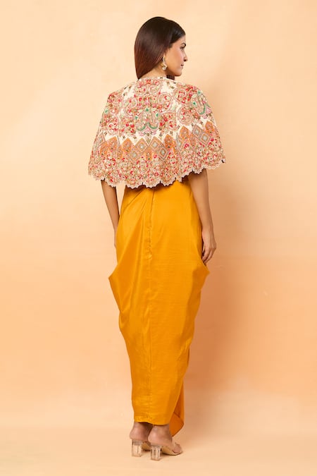Debyani + CO_Ivory Ajmeri Gota Embroidered Cape And Draped Skirt Set _Online_at_Aza_Fashions