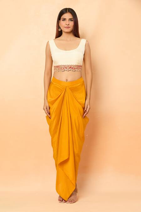 Debyani + CO_Ivory Ajmeri Gota Embroidered Cape And Draped Skirt Set _at_Aza_Fashions