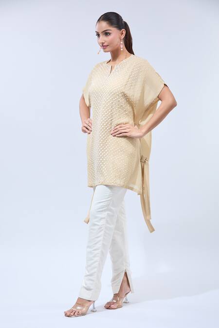 Namrata Joshipura Beige Sequins Split V-neck Asymmetric Tunic With Online at Aza Fashions Namrata Joshipura_Beige Sequins Split V-neck Asymmetric Tunic With_Online_at_Aza_Fashions