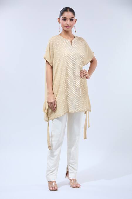 Buy Namrata Joshipura Beige Sequins Split V-neck Asymmetric Tunic With Online at Aza Fashions Buy_Namrata Joshipura_Beige Sequins Split V-neck Asymmetric Tunic With_Online_at_Aza_Fashions