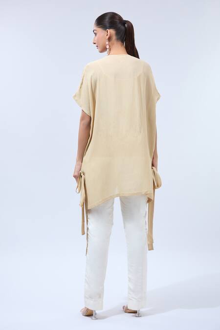 Shop Namrata Joshipura Beige Sequins Split V-neck Asymmetric Tunic With at Aza Fashions Shop_Namrata Joshipura_Beige Sequins Split V-neck Asymmetric Tunic With_at_Aza_Fashions