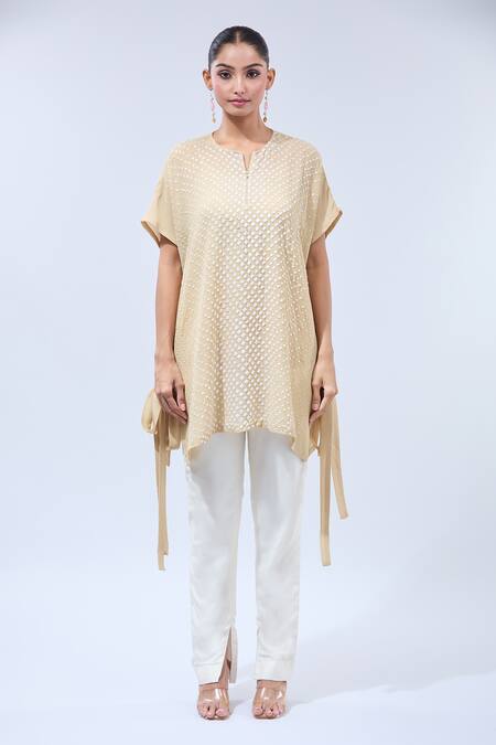 Namrata Joshipura Beige Sequins Split V-neck Asymmetric Tunic With at Aza Fashions Namrata Joshipura_Beige Sequins Split V-neck Asymmetric Tunic With_at_Aza_Fashions
