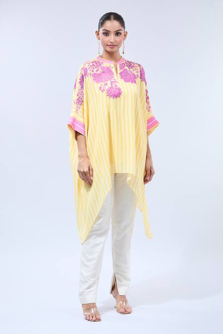 Buy Namrata Joshipura Yellow Cotton Sequins, Embroidery Split V-neck Floral Asymmetrical Tunic Online at Aza Fashions Buy_Namrata Joshipura_Yellow Cotton Sequins, Embroidery Split V-neck Floral Asymmetrical Tunic _Online_at_Aza_Fashions