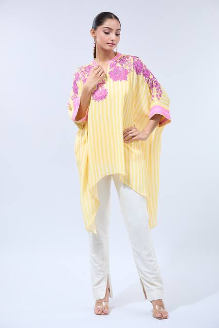 Shop Namrata Joshipura Yellow Cotton Sequins, Embroidery Split V-neck Floral Asymmetrical Tunic Online at Aza Fashions Shop_Namrata Joshipura_Yellow Cotton Sequins, Embroidery Split V-neck Floral Asymmetrical Tunic _Online_at_Aza_Fashions
