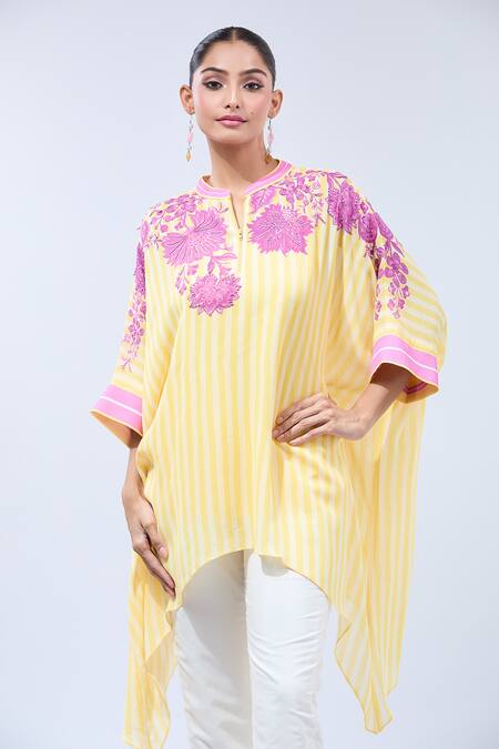 Namrata Joshipura Yellow Cotton Sequins, Embroidery Split V-neck Floral Asymmetrical Tunic at Aza Fashions Namrata Joshipura_Yellow Cotton Sequins, Embroidery Split V-neck Floral Asymmetrical Tunic _at_Aza_Fashions