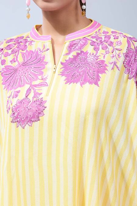 Buy Namrata Joshipura Yellow Cotton Sequins, Embroidery Split V-neck Floral Asymmetrical Tunic Buy_Namrata Joshipura_Yellow Cotton Sequins, Embroidery Split V-neck Floral Asymmetrical Tunic