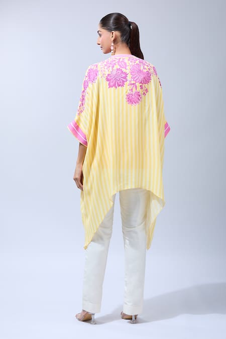 Shop Namrata Joshipura Yellow Cotton Sequins, Embroidery Split V-neck Floral Asymmetrical Tunic at Aza Fashions Shop_Namrata Joshipura_Yellow Cotton Sequins, Embroidery Split V-neck Floral Asymmetrical Tunic _at_Aza_Fashions