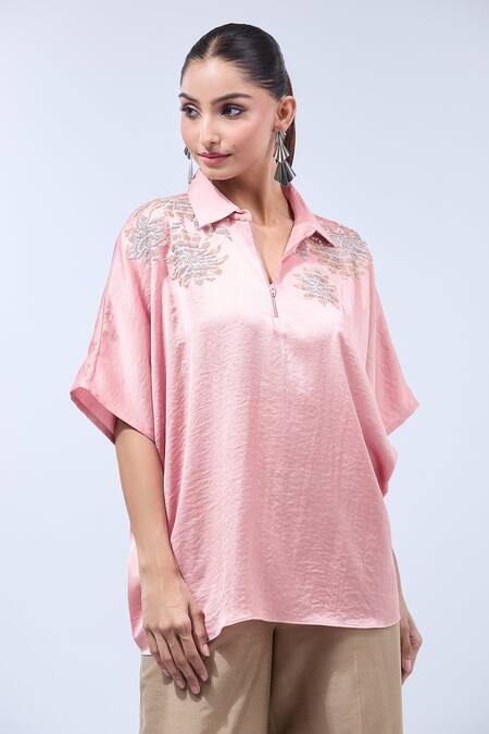 Namrata Joshipura_Pink Sequins Collared Floral Embellished Blouse_Online_at_Aza_Fashions