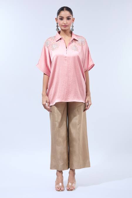Buy_Namrata Joshipura_Pink Sequins Collared Floral Embellished Blouse_Online_at_Aza_Fashions