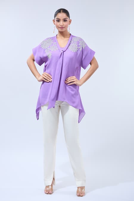 Buy Namrata Joshipura Purple Sequins V-neck Asymmetric Tunic With Tie-up Online at Aza Fashions Buy_Namrata Joshipura_Purple Sequins V-neck Asymmetric Tunic With Tie-up _Online_at_Aza_Fashions