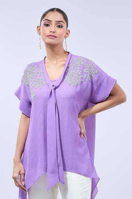 Shop Namrata Joshipura Purple Sequins V-neck Asymmetric Tunic With Tie-up Online at Aza Fashions Shop_Namrata Joshipura_Purple Sequins V-neck Asymmetric Tunic With Tie-up _Online_at_Aza_Fashions