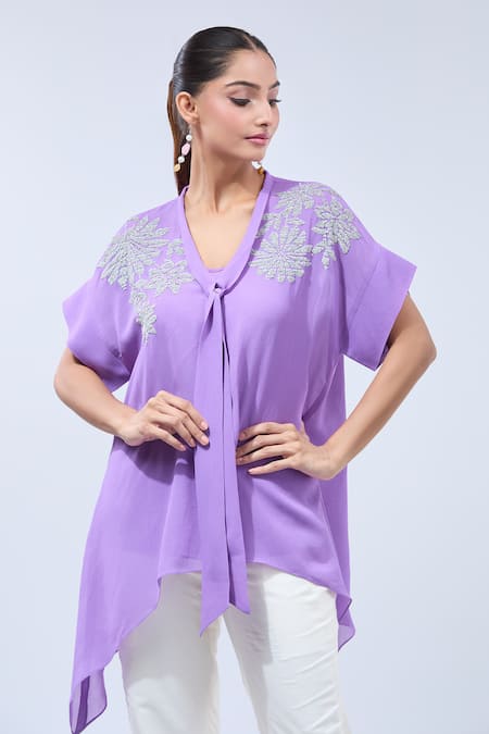 Namrata Joshipura Purple Sequins V-neck Asymmetric Tunic With Tie-up at Aza Fashions Namrata Joshipura_Purple Sequins V-neck Asymmetric Tunic With Tie-up _at_Aza_Fashions