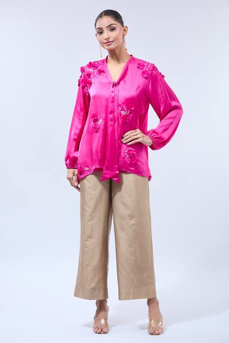 Namrata Joshipura Pink Sequins, Embroidery V-neck Asymmetric Embellished Blouse at Aza Fashions Namrata Joshipura_Pink Sequins, Embroidery V-neck Asymmetric Embellished Blouse_at_Aza_Fashions
