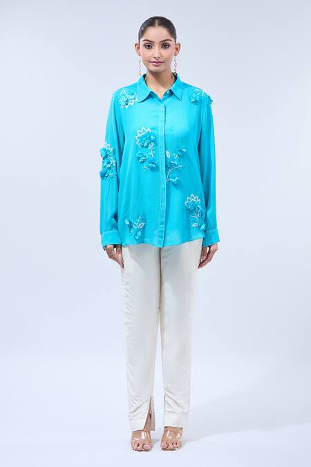 Buy_Namrata Joshipura_Blue Embroidery Collared Floral Embellished Asymmetric Tunic_Online_at_Aza_Fashions