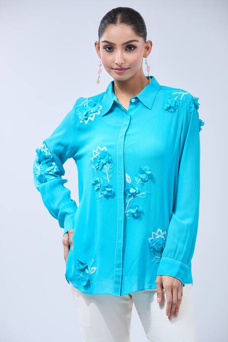 Buy_Namrata Joshipura_Blue Embroidery Collared Floral Embellished Asymmetric Tunic