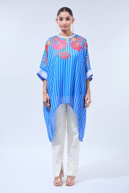 Namrata Joshipura Blue Chiffon Sequins, Embroidery Keyhole Neck Asymmetric Floral Tunic Online at Aza Fashions Namrata Joshipura_Blue Chiffon Sequins, Embroidery Keyhole Neck Asymmetric Floral Tunic_Online_at_Aza_Fashions