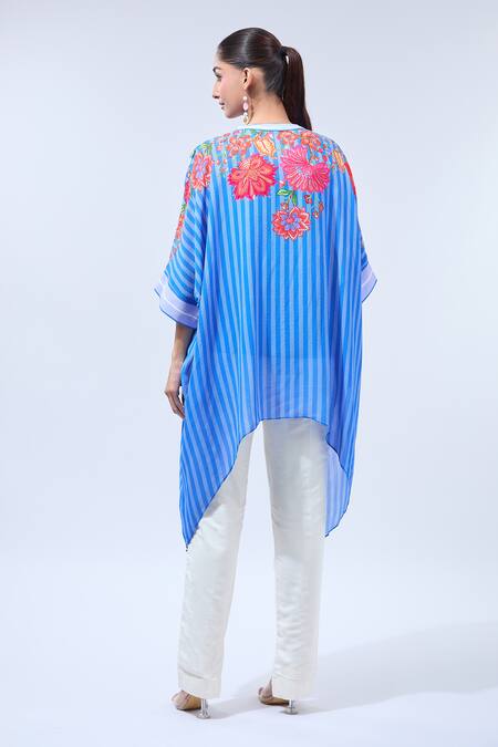 Shop Namrata Joshipura Blue Chiffon Sequins, Embroidery Keyhole Neck Asymmetric Floral Tunic at Aza Fashions Shop_Namrata Joshipura_Blue Chiffon Sequins, Embroidery Keyhole Neck Asymmetric Floral Tunic_at_Aza_Fashions