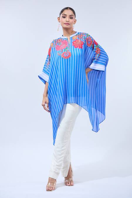 Buy Namrata Joshipura Blue Chiffon Sequins, Embroidery Keyhole Neck Asymmetric Floral Tunic Online at Aza Fashions Buy_Namrata Joshipura_Blue Chiffon Sequins, Embroidery Keyhole Neck Asymmetric Floral Tunic_Online_at_Aza_Fashions