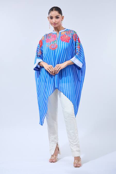 Shop Namrata Joshipura Blue Chiffon Sequins, Embroidery Keyhole Neck Asymmetric Floral Tunic Online at Aza Fashions Shop_Namrata Joshipura_Blue Chiffon Sequins, Embroidery Keyhole Neck Asymmetric Floral Tunic_Online_at_Aza_Fashions